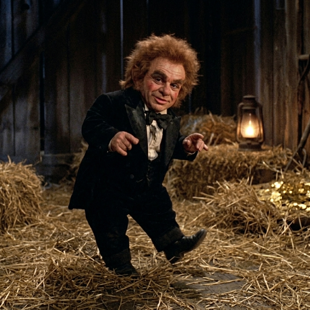 AI Rumpelstiltskin tiptoe dance in straw barn