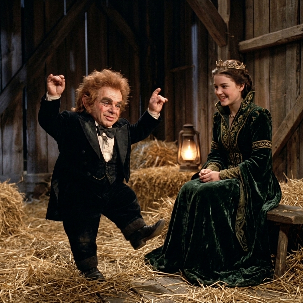 AI Rumpelstiltskin and princess in rustic barn